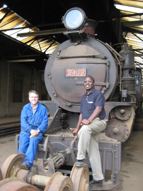 Isaac Murage (r) is a Driver, Senior Loco Inspector and Controller with RVR, and a great supporter of steam. John Ashworth (l) gained his Fireman and Shedman qualifications and experience in South Africa and now volunteers on the Kenya steam scene.<br /><br />Photo by Geoff Warren