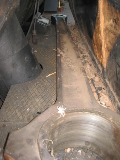 The rods were removed for towing the loco. This one, from the fireman's side, has a kink in the far end