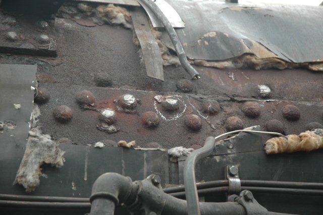 Cut away lagging revealing the boiler rivets and stays. Ultrasonic metal particle testing was done over the weekend of 3/4July, and the results are very positive that apart from a few flexible stays that need replacing, the boiler looks very good.