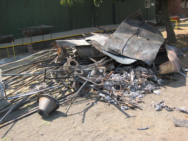 A pile of melted and twisted metal that Eric and co salvaged from the coaches for scrap