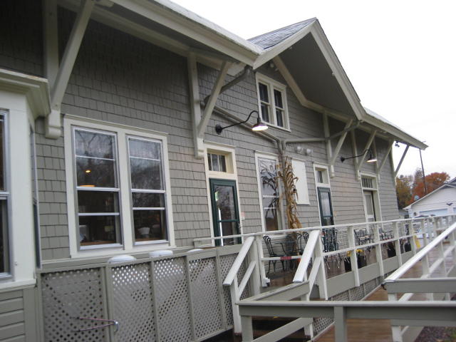 Castleton, Vermont -  a neat wooden station building that sees only one passenger train a day in each direction yet is kept in spotless condition. It is manned when trains are due, and there's coffee boiling in the waiting room