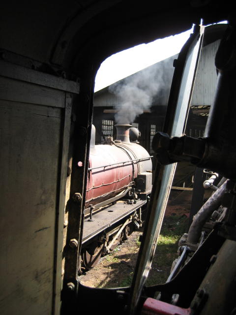 Smoke issues from 2409's chimney, seen from the footplate of 5918