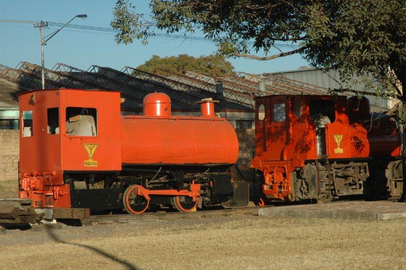 The early morning sun highlights the two ex ISCOR Fireless locomotives plinthed at the FOTR site. They are still undergoing cosmetic restoration.