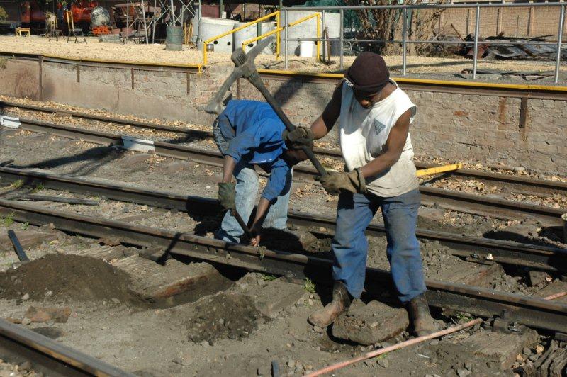 Thomas and Welcome hard at work replacing a sleeper at the points. Much needed repair work is in progress during the winter months.