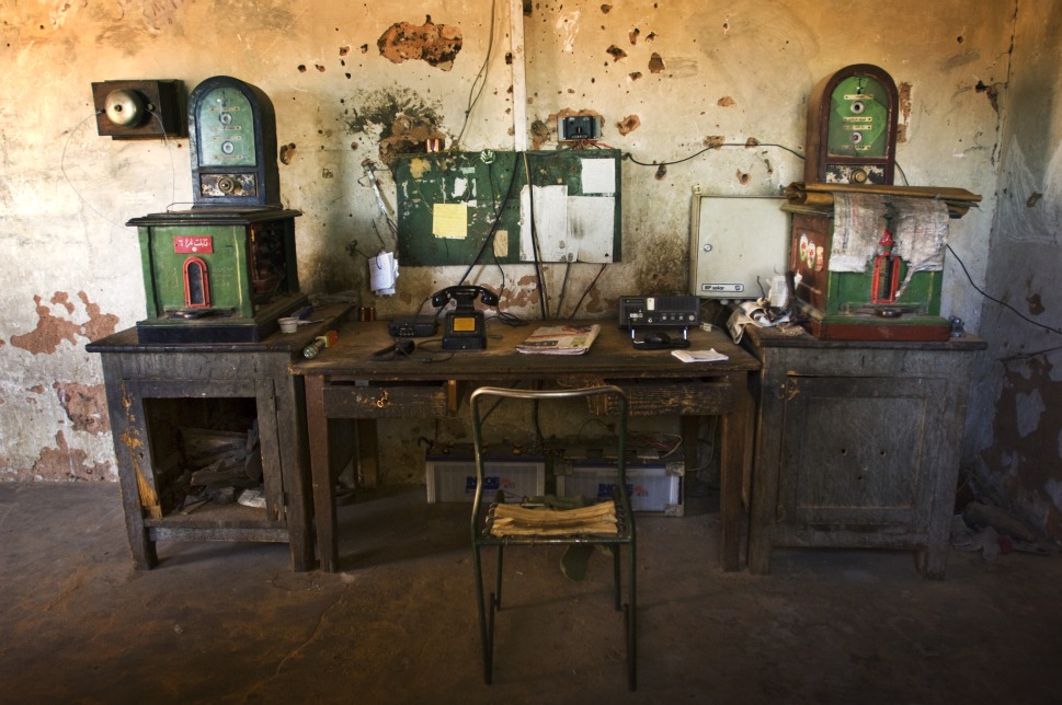 Train conductor's office at Station No. 4 on the Khartoum-Wadi Halfa rail line in Northern State, October 2009. The tracks in Sudan's railroad network were originally laid between 1895 and 1898 by Anglo-Egyptian forces as a military supply line during the colonial war against Muhammad Ahmad's Mahdist army.