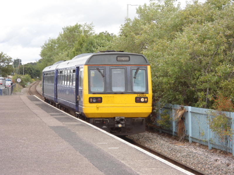 A two-car pacer pulls in to Exmouth Station