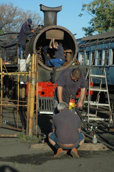 A busy scene at Capital Park. The class 19D has had a number of flue tubes replaced and is being prepared for it's annual 3 year recertification. The elements have all been removed and pressure tested, but before replacing, a lot of work has to happen