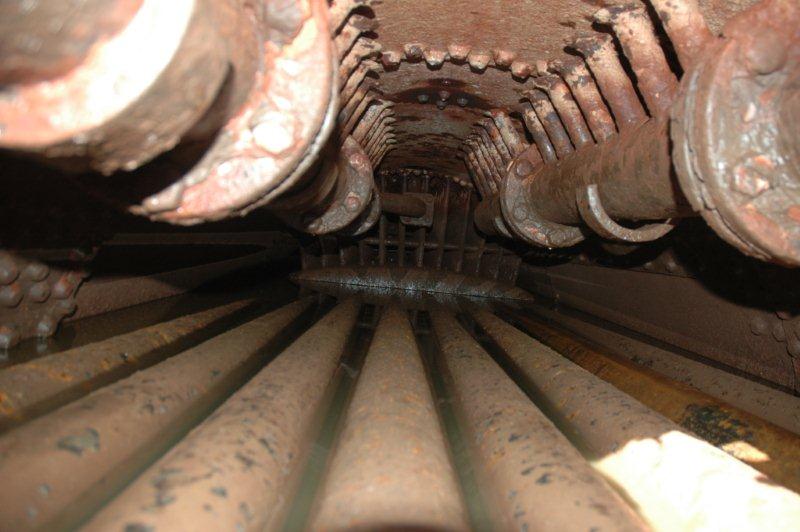 A perfect internal view of the boiler looking towards the firebox end. The rows of collector pipes can be clearly seen. Main internal steam pipe that runs the length of the boiler will take the collected steam onwards. Visible too, are the various boiler stays