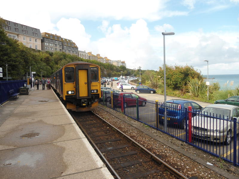 Class 150 in St Ives Station, with the sea in view