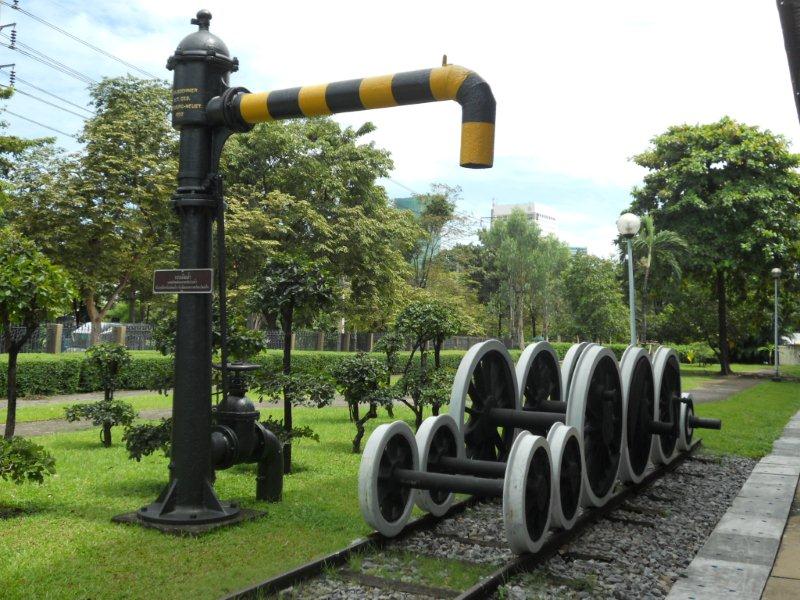 The small railway museum at the Chattachuk Market area in Bangkok has a few exhibits. The land this museum is situated on belongs to the state railway. Outside the building, this German manufactured water column stands overlooking a set of locomotive wheels.