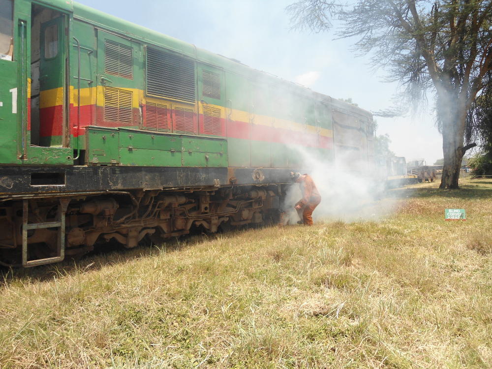 Hauling close to 600 tons, and with a wheelset on one of the temporary bogies on 8735 dragging, 8741's wheels spun and started a small grass fire