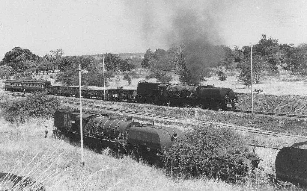 On the first cross border steam safari in 1991, the Trans Limpopo, the tour group were able to cross from Zimbabwe into Zambia where this runpast was arranged near the Livingston depot. Viewed from the top of the defunct coal stage, we see the NRZ museum class 20 number 730 passing one of the many dumped class 20 locomotives that ended up in Zambia after independence. Photographers this day were not allowed to venture to the main shed, nor take any further photographs of the installations. Only on subsequent safaris were shed visits allowed. This is 1991