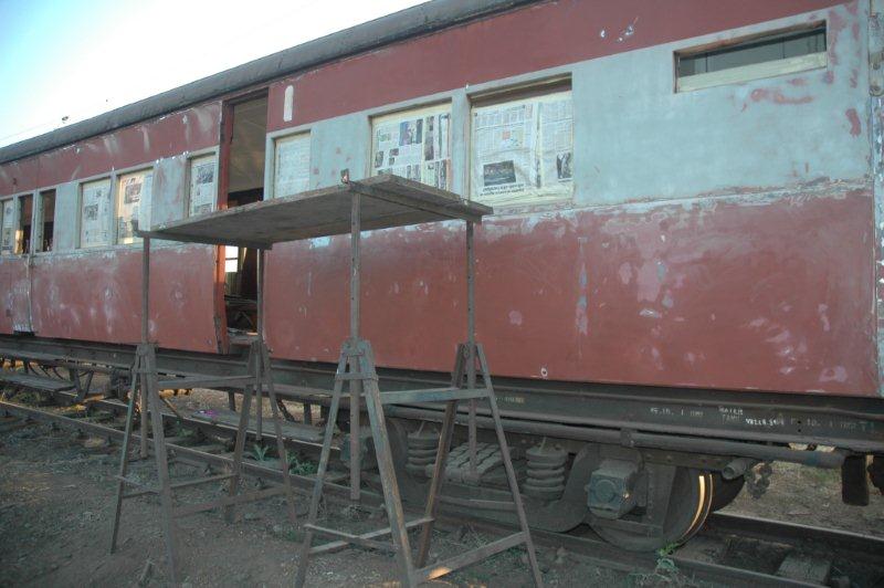 What the new coach looked like when the repainting started. Pictured here at Hermanstad prior to being lifted at Capital Park. July 2012