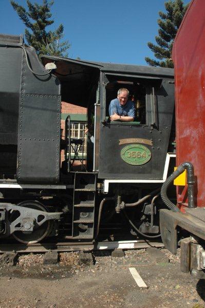 Driver Tony Attwell at the clearance mark, with his steed for the day, 3664.