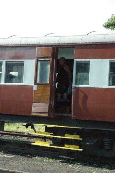 Pekinese inside the newly restored coach. The old wooden steps being replaced by chequered metal plates.