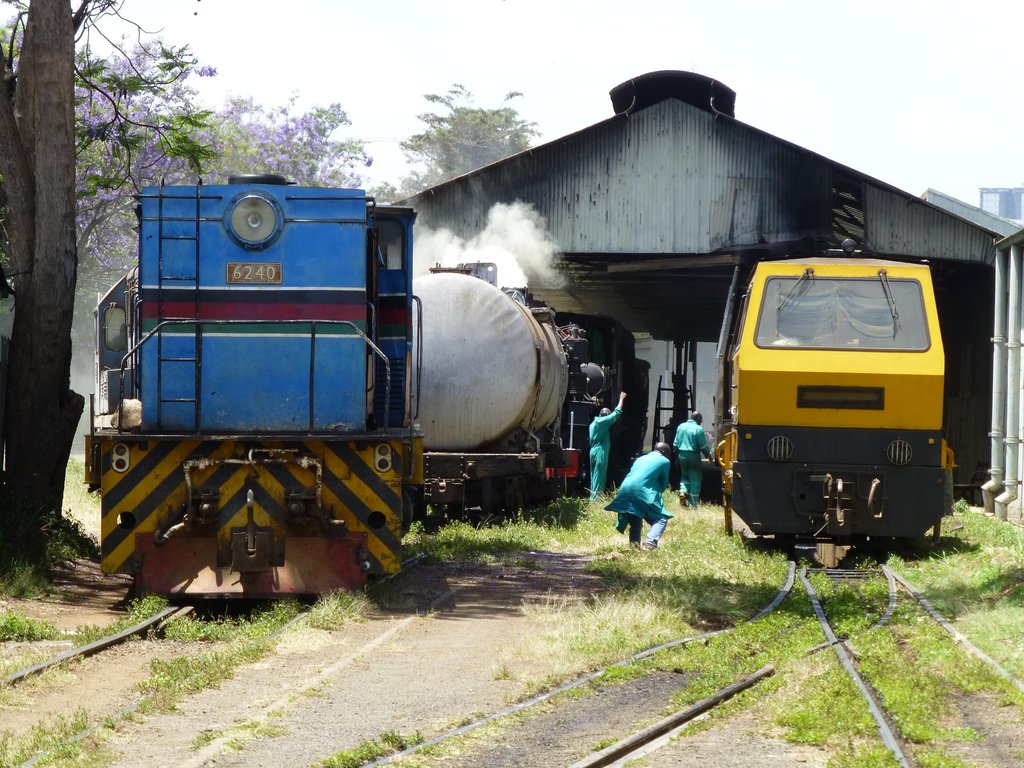 Three different types of motive power, all active - diesel loco 6240 being hauled by 9305, motor trolley and steam loco