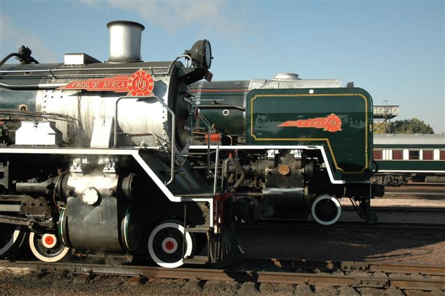 Rovos Rail, the big and the bigger. 19D and 25NC stand ready for their duty at Capital Park shed June 2007.
