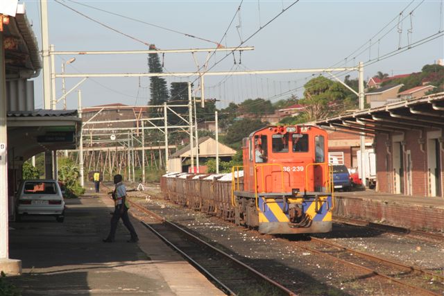 Class 36 diesel in the station. All trains from Durban have now stopped and the quarry traffic is to go by road. This may eventually cause the closure and removal of Port Shepstone station to allow development of the proposed waterfront.