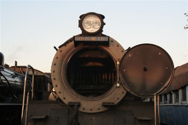 Inside the smokebox of Cheugnette - preparing for boiler inspection.
