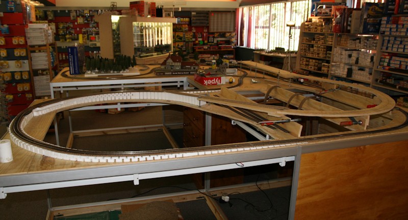 A general veiw of the first part of the top section and the lead in to it. The cut out areas are visible as are the risers to support the upper track levels.
