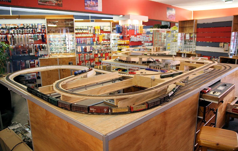 Photo 1 of a general view of the layout. The elevated track is complete moving about 70% of the way anti-clock wise.
