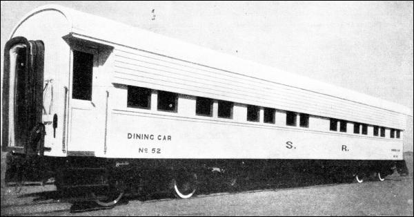 FOR PROTECTION AGAINST THE TROPICAL SUN and the pitiless glare of the desert, the dining-cars in the Sudan are painted white - to deflectheat as far as possible - and are also heavily shuttered. Additional sun blinds are provided inside the vehicles.