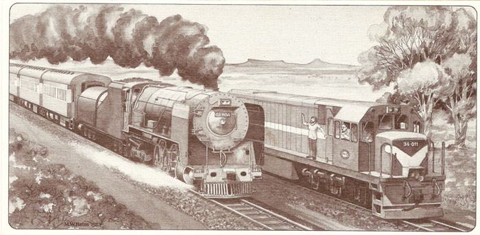 Class 25NC 3471 speeds past Class 34 Diesel idling in a siding somewhere in the Karoo