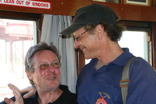 Wee Mac and Trainman - Graham McWilliams shares a joke with Trainman in the louge car