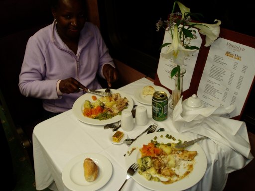 Dining car - Jane tucks in<br /><br />Photo by John Ashworth 02/11/07